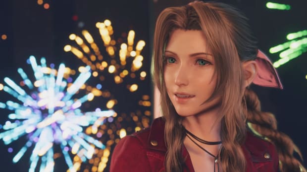 FF7 Rebirth's Aerith during the Gold Saucer date scene, her face lit up by the fireworks going off outside the Ferris wheel car